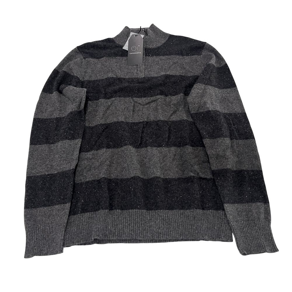 3-30 QI Men's Speckled 100% Cashmere 1/4 Zip Striped Henley Sweater Gray Small